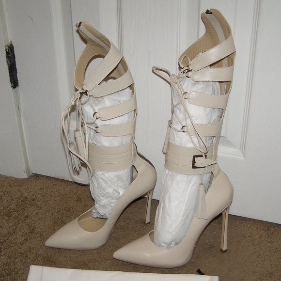 🔥 NEW size 8.5/39 Ganor Dominic Beige Leather Lace up Knee high Pumps - Picture 3 of 16